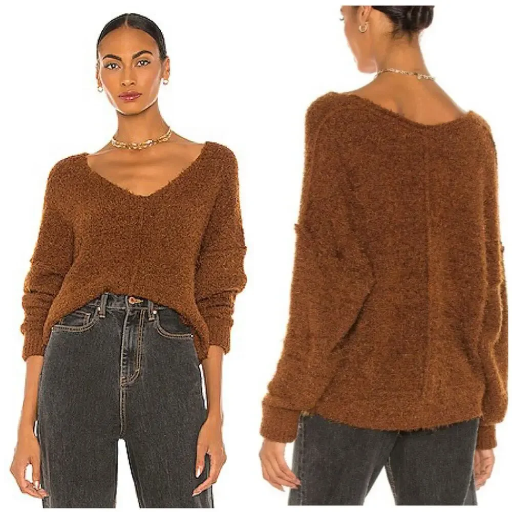 Free People Icing V-Neck Sweater Mocha Brown Size XS Fuzzy Oversized Soft